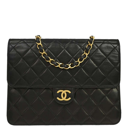 Chanel 1991-1994 Black Lambskin Pushlock Small Half Flap Shoulder Bag