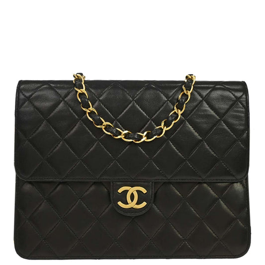 Chanel 1991-1994 Black Lambskin Pushlock Small Half Flap Shoulder Bag
