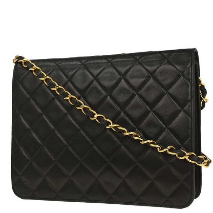 Chanel 1991-1994 Black Lambskin Pushlock Small Half Flap Shoulder Bag