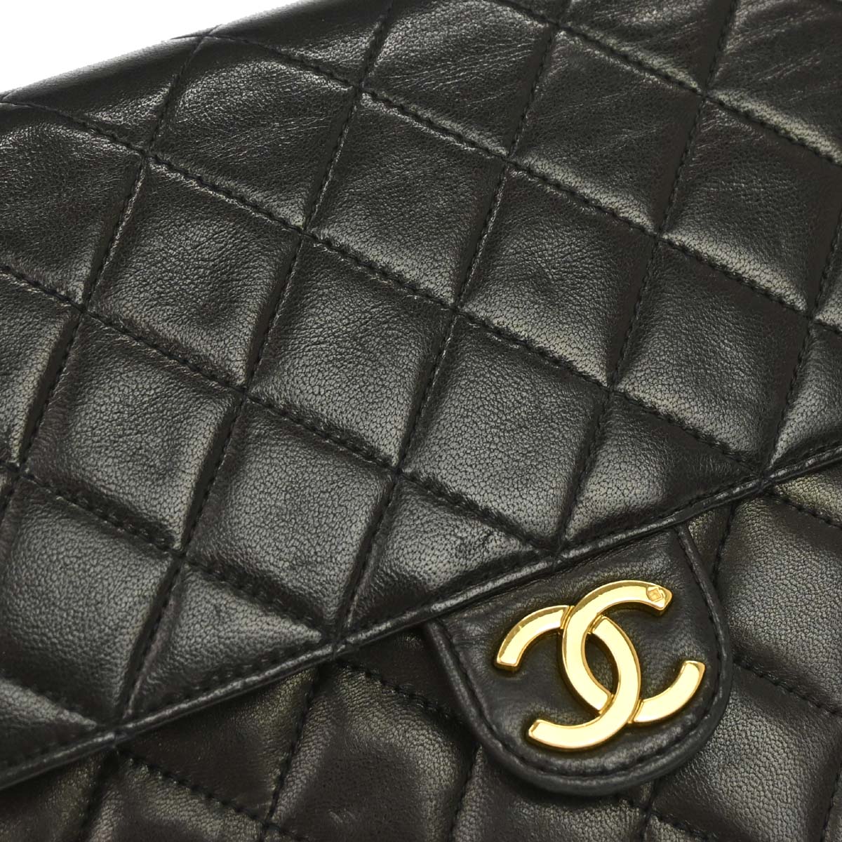 Chanel 1991-1994 Black Lambskin Pushlock Small Half Flap Shoulder Bag
