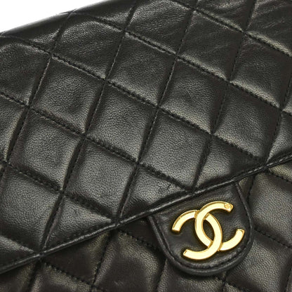 Chanel 1991-1994 Black Lambskin Pushlock Small Half Flap Shoulder Bag