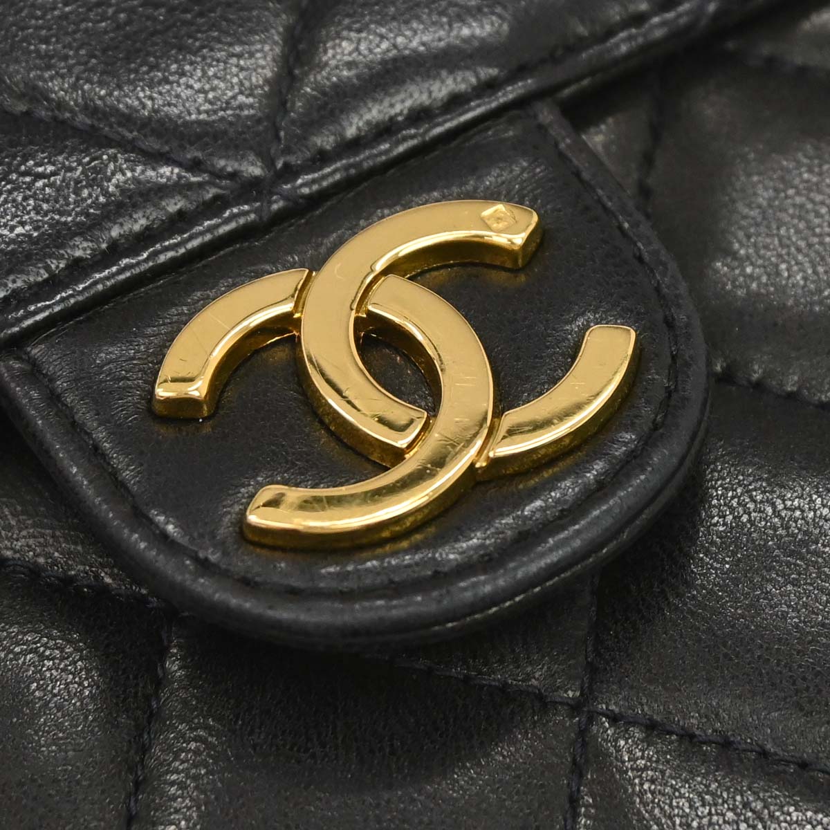 Chanel 1991-1994 Black Lambskin Pushlock Small Half Flap Shoulder Bag
