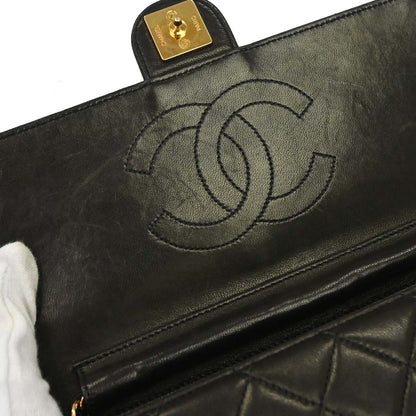 Chanel 1991-1994 Black Lambskin Pushlock Small Half Flap Shoulder Bag