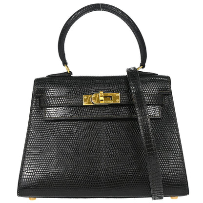 Hermes * Black Lizard Kelly 20 Sellier 2way Shoulder Handbag