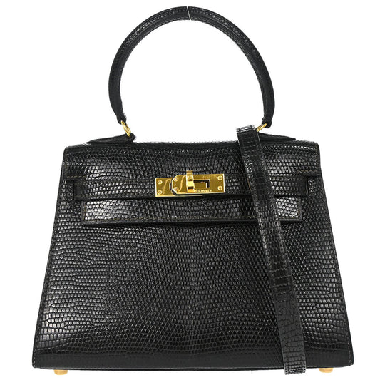 Hermes * Black Lizard Kelly 20 Sellier 2way Shoulder Handbag