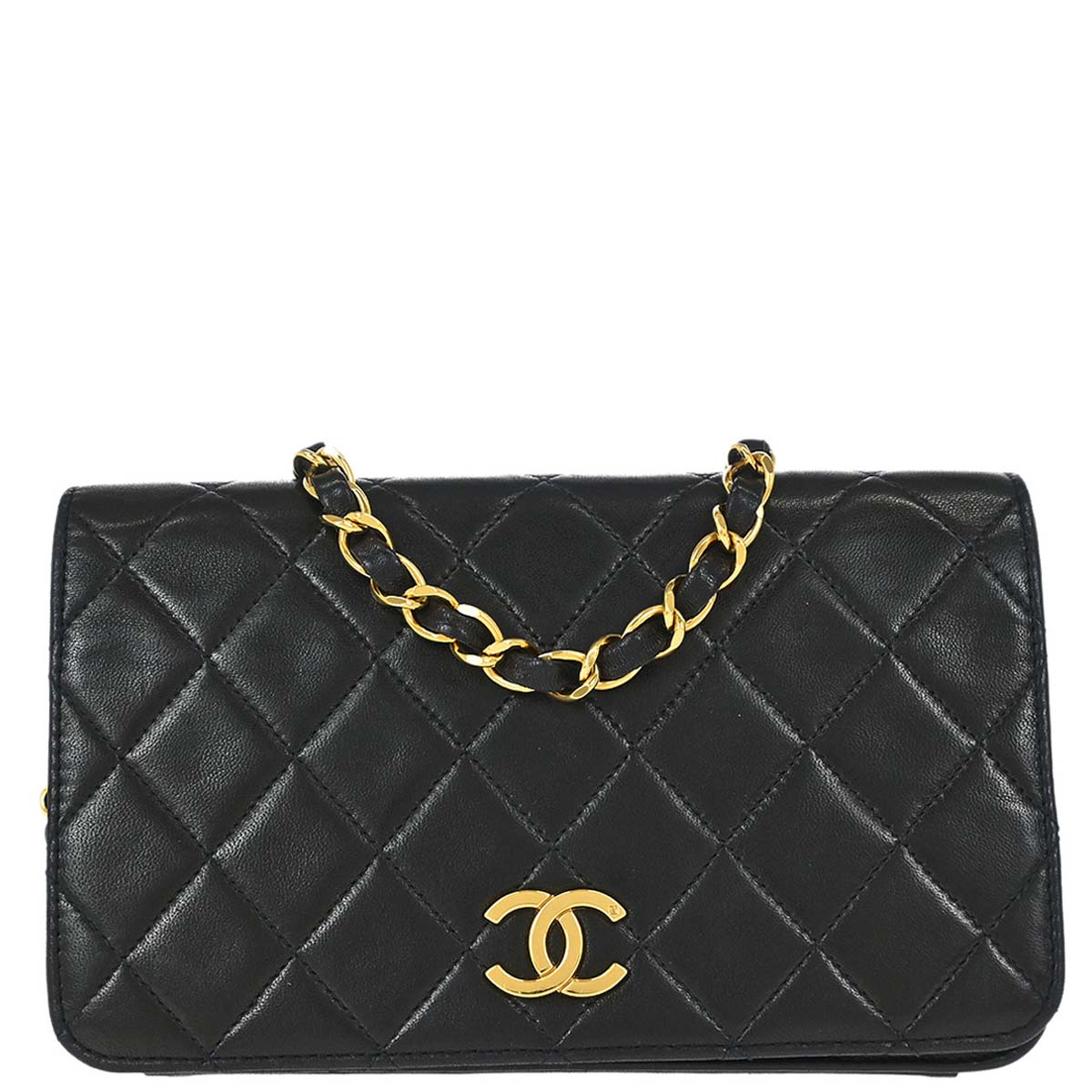 Chanel 1991-1994 Black Lambskin Pushlock Mini Full Flap Shoulder Bag