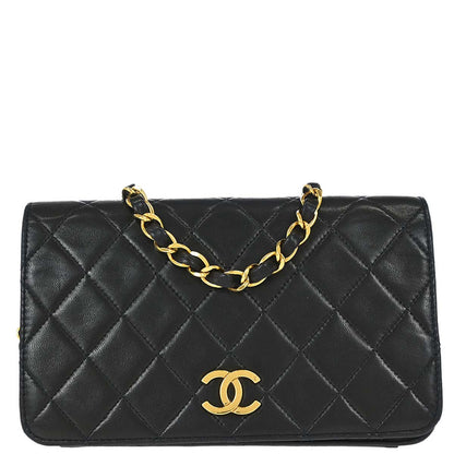 Chanel 1991-1994 Black Lambskin Pushlock Mini Full Flap Shoulder Bag