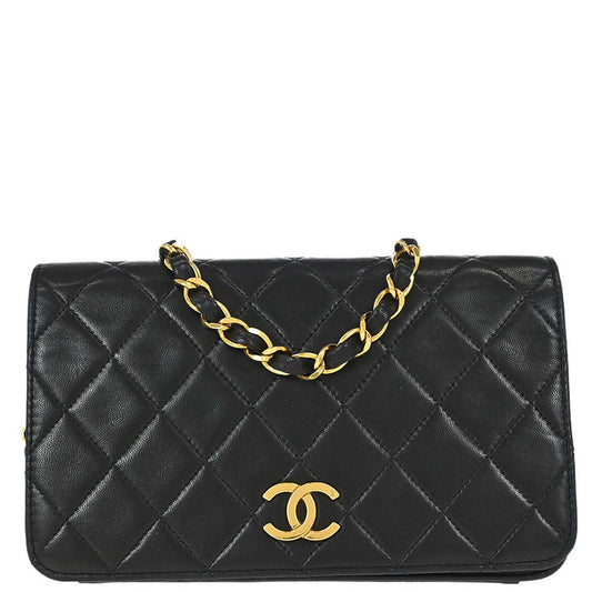 Chanel 1991-1994 Black Lambskin Pushlock Mini Full Flap Shoulder Bag