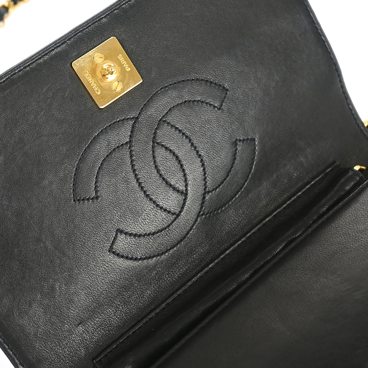 Chanel 1991-1994 Black Lambskin Pushlock Mini Full Flap Shoulder Bag