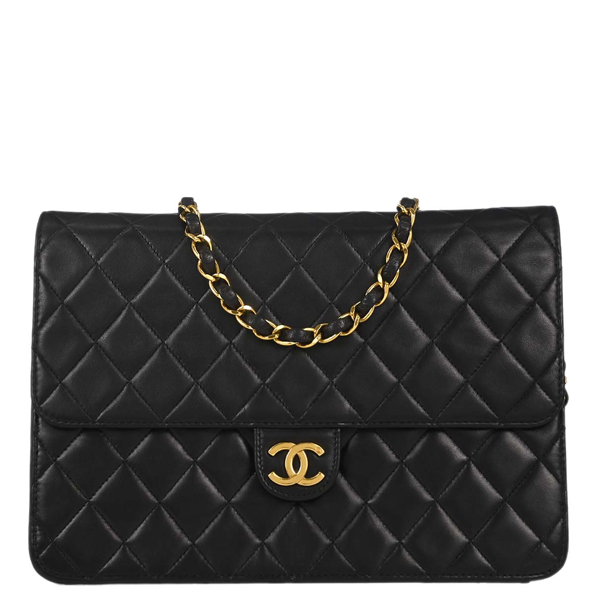 Chanel 1996-1997 Black Lambskin Pushlock Medium Half Flap Shoulder Bag