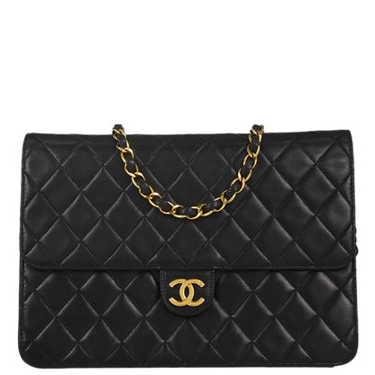Chanel 1996-1997 Black Lambskin Pushlock Medium Half Flap Shoulder Bag