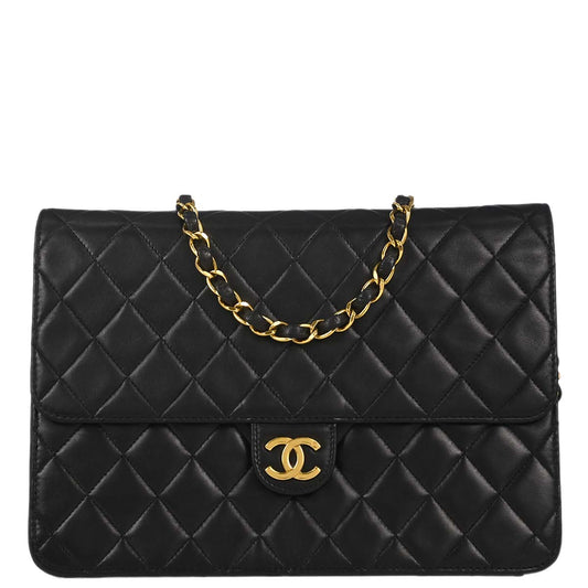 Chanel 1996-1997 Black Lambskin Pushlock Medium Half Flap Shoulder Bag