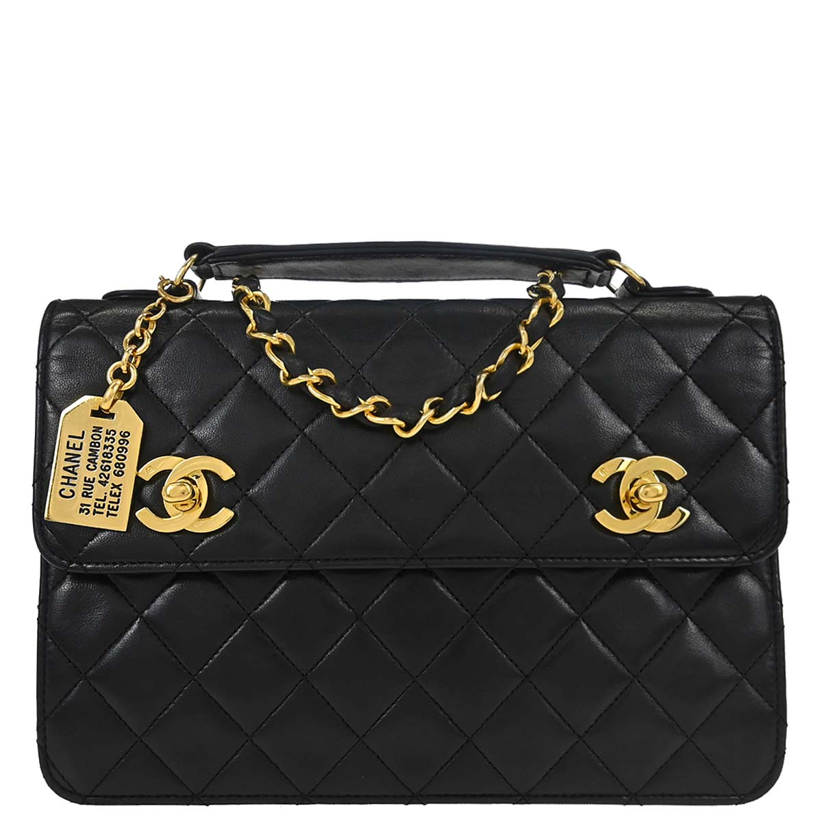 Chanel 1989-1991 Black Lambskin Double Turnlock 2way Shoulder Handbag