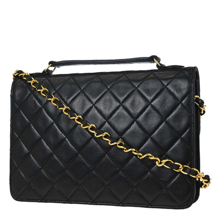 Chanel 1989-1991 Black Lambskin Double Turnlock 2way Shoulder Handbag