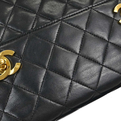 Chanel 1989-1991 Black Lambskin Double Turnlock 2way Shoulder Handbag