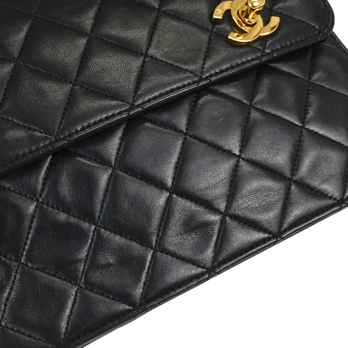 Chanel 1989-1991 Black Lambskin Double Turnlock 2way Shoulder Handbag