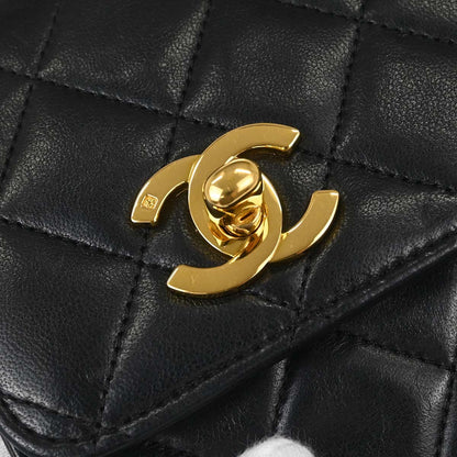 Chanel 1989-1991 Black Lambskin Double Turnlock 2way Shoulder Handbag