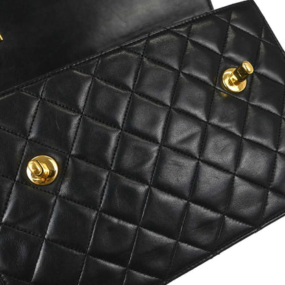 Chanel 1989-1991 Black Lambskin Double Turnlock 2way Shoulder Handbag