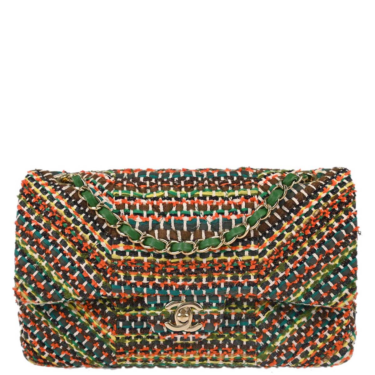Chanel Green Tweed Medium Classic Double Flap Shoulder Bag