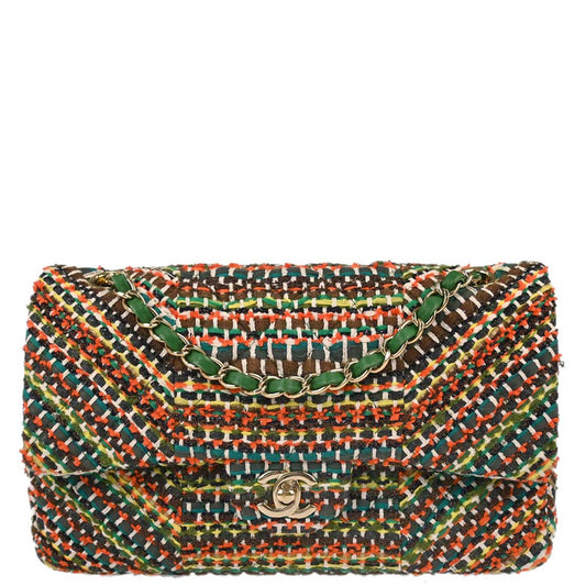 Chanel Green Tweed Medium Classic Double Flap Shoulder Bag