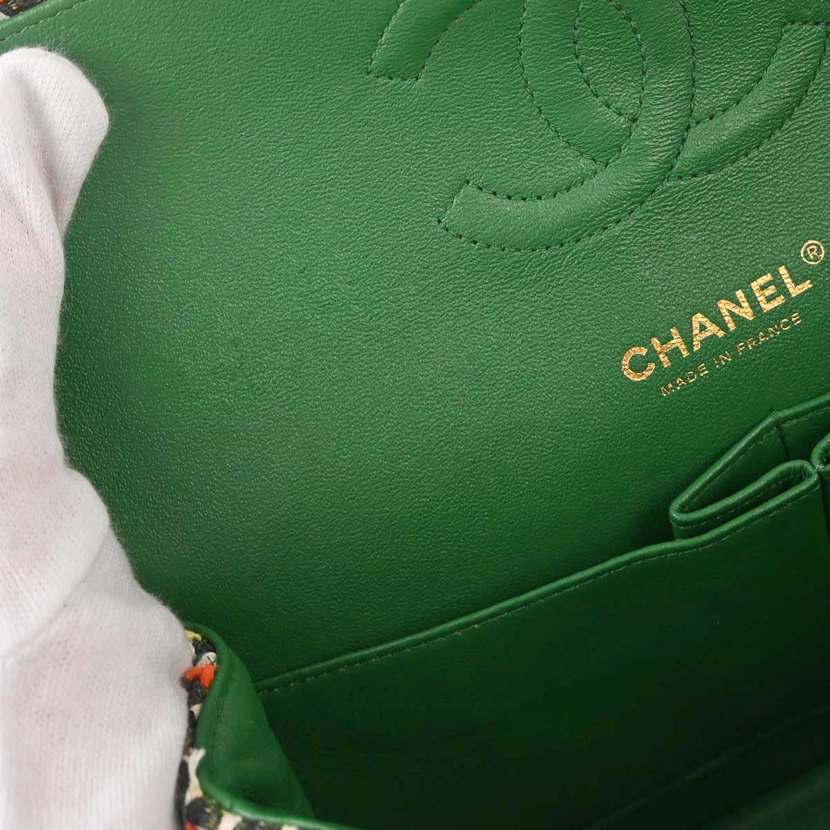 Chanel Green Tweed Medium Classic Double Flap Shoulder Bag