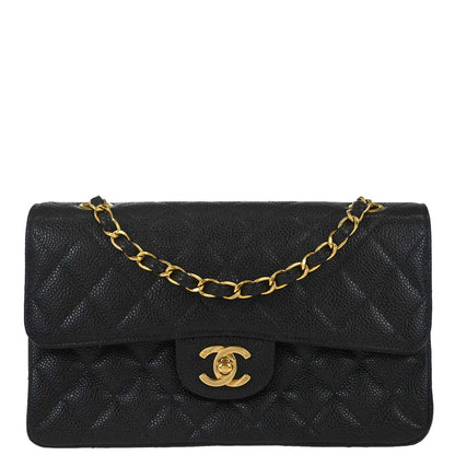 Chanel 1997-1999 Black Caviar Skin Small Classic Double Flap Shoulder Bag