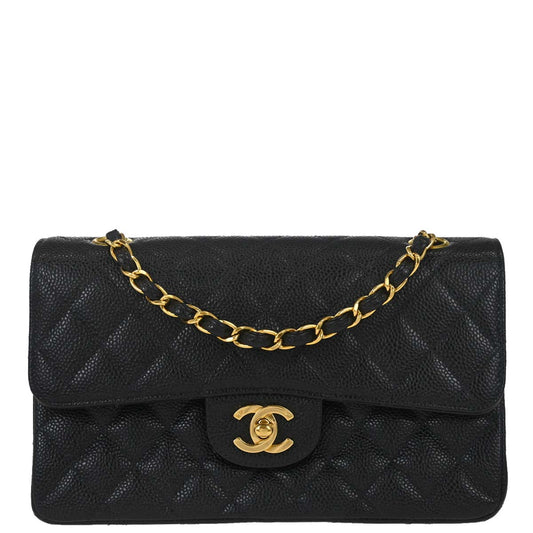 Chanel 1997-1999 Black Caviar Skin Small Classic Double Flap Shoulder Bag