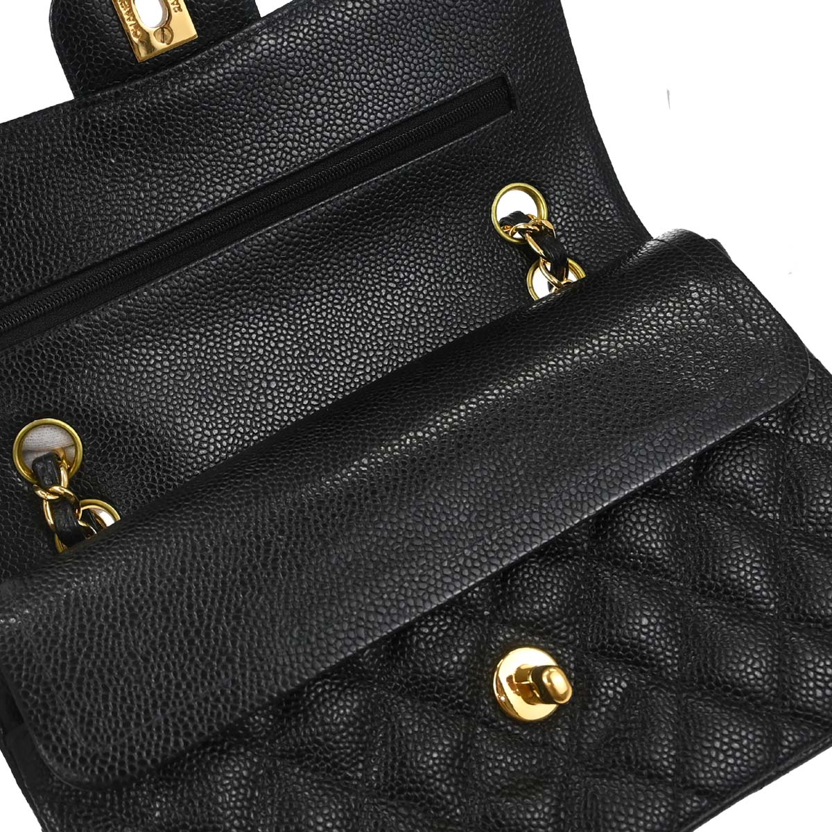 Chanel 1997-1999 Black Caviar Skin Small Classic Double Flap Shoulder Bag
