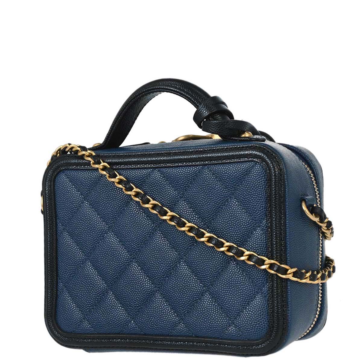 Chanel Navy Black Caviar Skin Bicolor Filigree 2way Shoulder Vanity Handbag