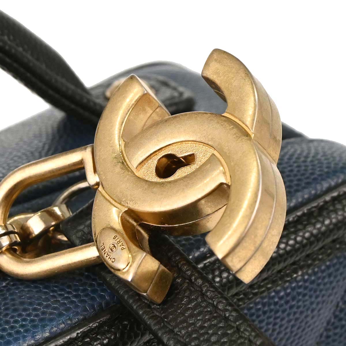 Chanel Navy Black Caviar Skin Bicolor Filigree 2way Shoulder Vanity Handbag