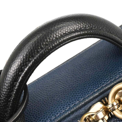Chanel Navy Black Caviar Skin Bicolor Filigree 2way Shoulder Vanity Handbag