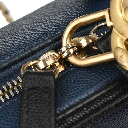 Chanel Navy Black Caviar Skin Bicolor Filigree 2way Shoulder Vanity Handbag