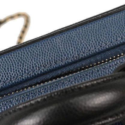 Chanel Navy Black Caviar Skin Bicolor Filigree 2way Shoulder Vanity Handbag