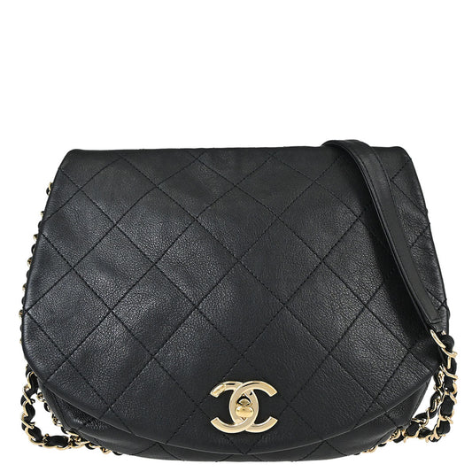 Chanel Black Calfskin Chain Around Saddle Flap Shoulder Bag
