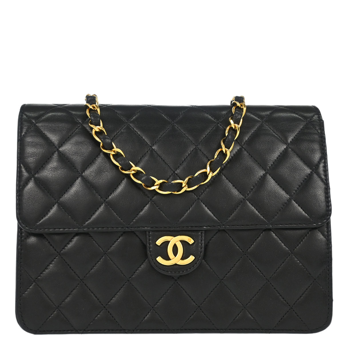 Chanel 1997-1999 Black Lambskin Pushlock Small Half Flap Shoulder Bag
