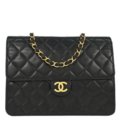Chanel 1997-1999 Black Lambskin Pushlock Small Half Flap Shoulder Bag