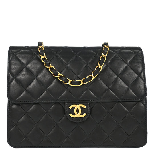 Chanel 1997-1999 Black Lambskin Pushlock Small Half Flap Shoulder Bag
