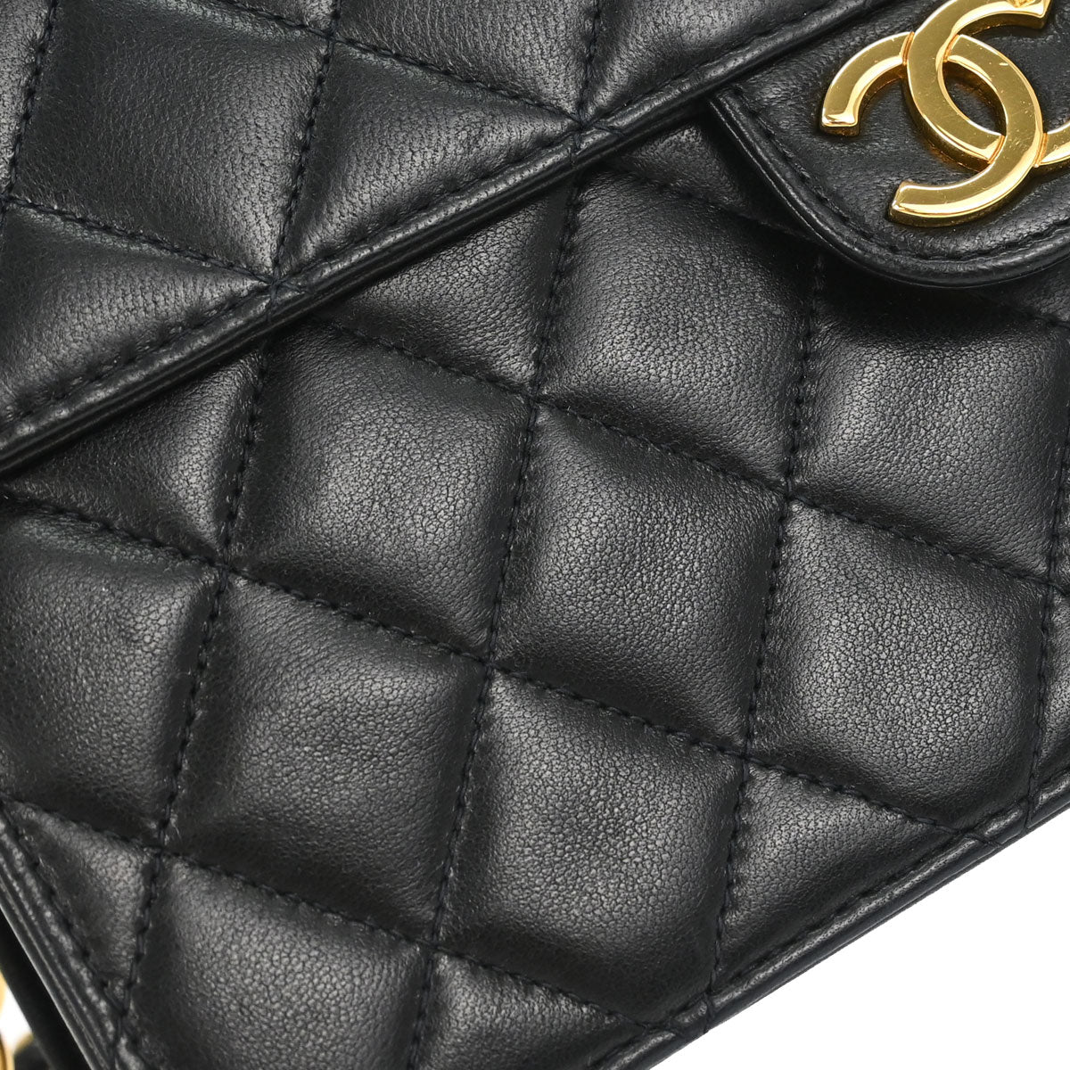 Chanel 1997-1999 Black Lambskin Pushlock Small Half Flap Shoulder Bag