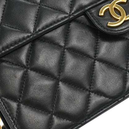 Chanel 1997-1999 Black Lambskin Pushlock Small Half Flap Shoulder Bag