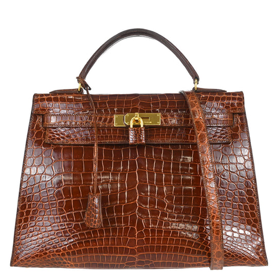 Hermes * Miel Porosus Kelly 32 Sellier 2way Shoulder Handbag
