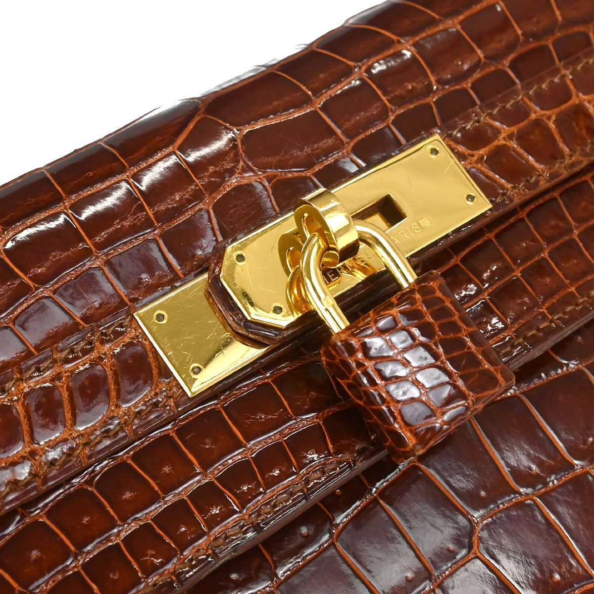 Hermes * Miel Porosus Kelly 32 Sellier 2way Shoulder Handbag