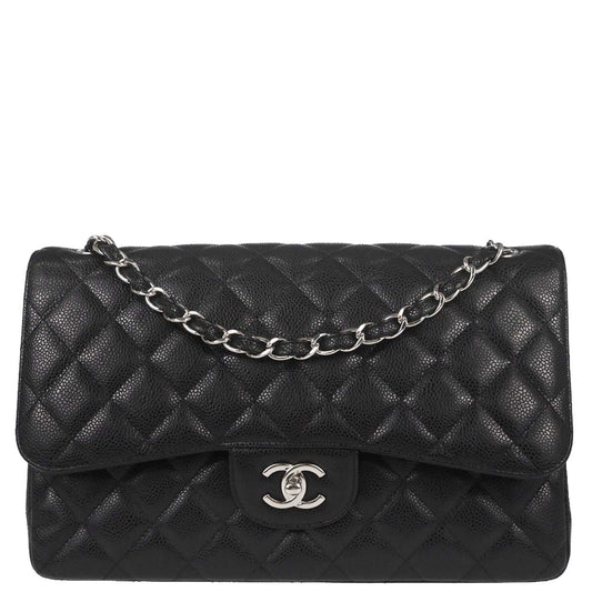 Chanel Black Caviar Skin Jumbo Classic Double Flap Shoulder Bag