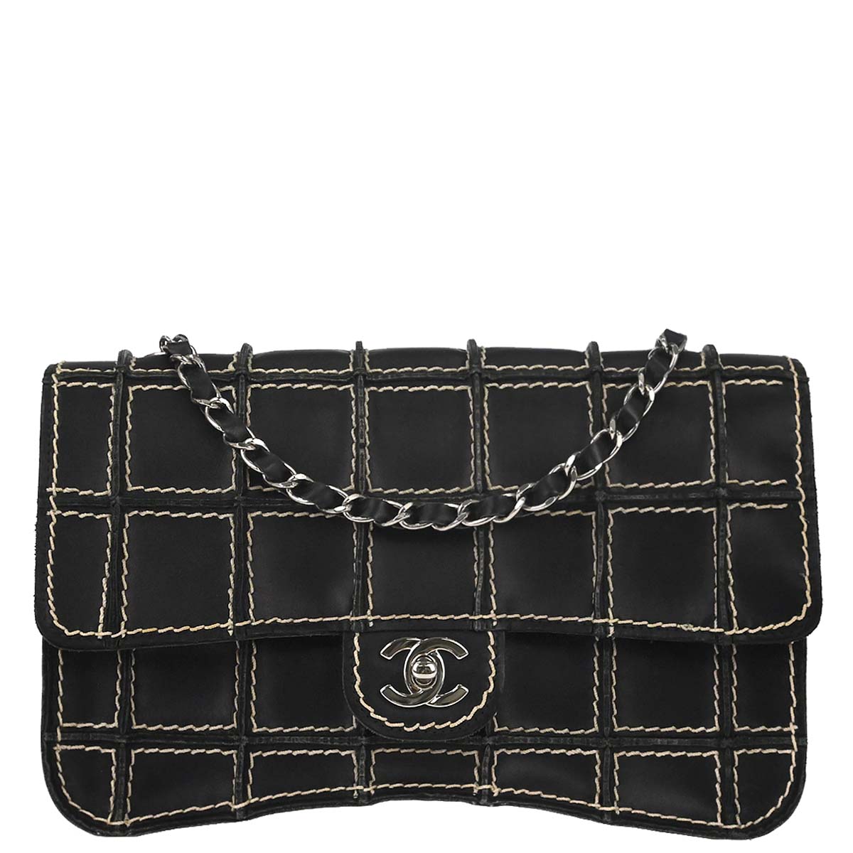 Chanel 2002-2003 Black Calfskin Wild Stitch Choco Bar Waffle Shoulder Bag