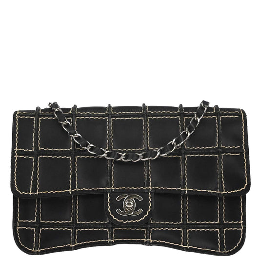 Chanel 2002-2003 Black Calfskin Wild Stitch Choco Bar Waffle Shoulder Bag