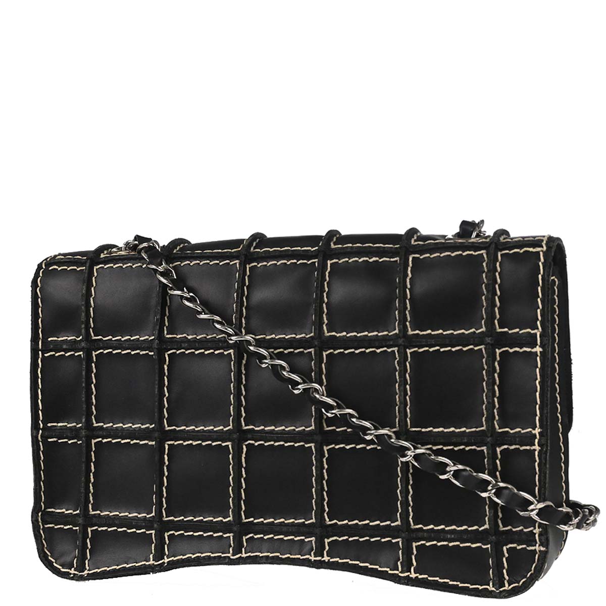 Chanel 2002-2003 Black Calfskin Wild Stitch Choco Bar Waffle Shoulder Bag