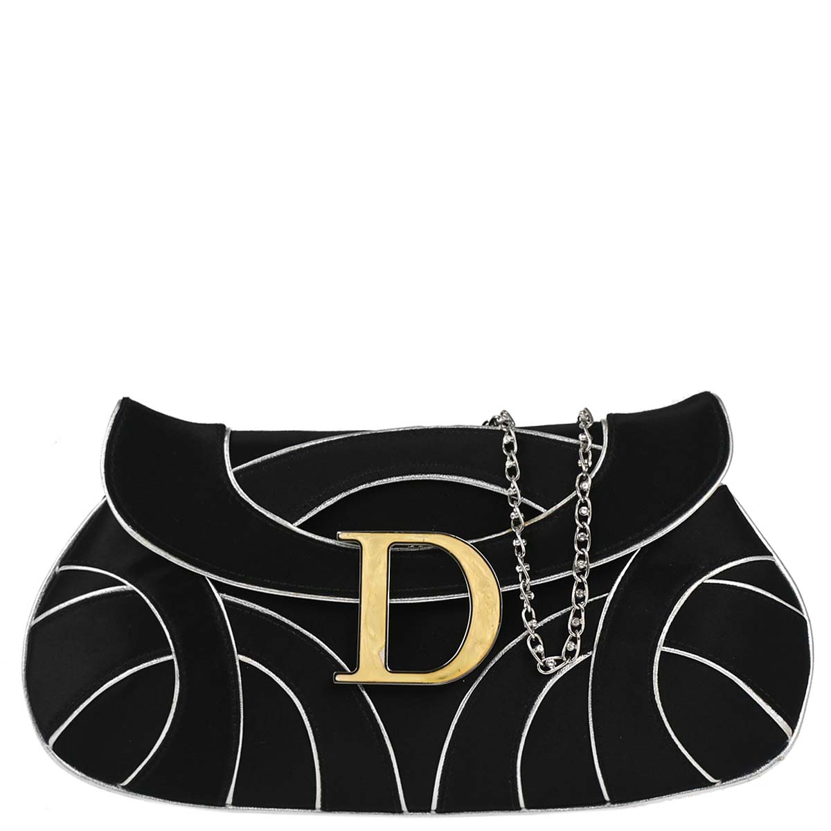Christian Dior Black Satin Crystal Chain D Flap Shoulder Bag