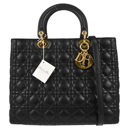 Christian Dior Black Lambskin Large Lady Dior Cannage 2way Shoulder Handbag