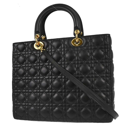Christian Dior Black Lambskin Large Lady Dior Cannage 2way Shoulder Handbag