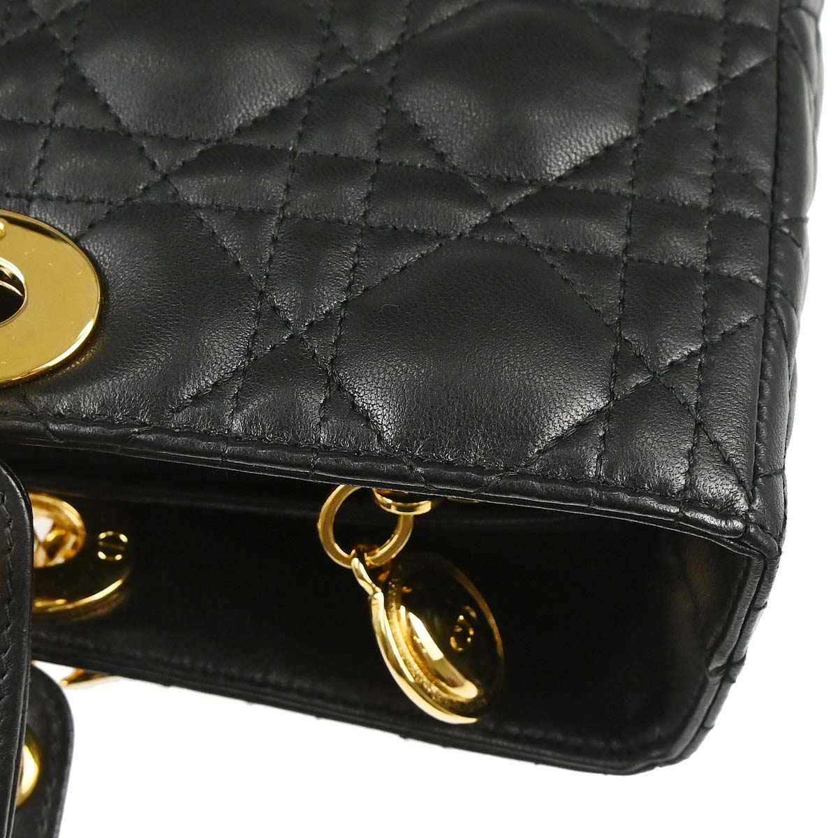 Christian Dior Black Lambskin Large Lady Dior Cannage 2way Shoulder Handbag