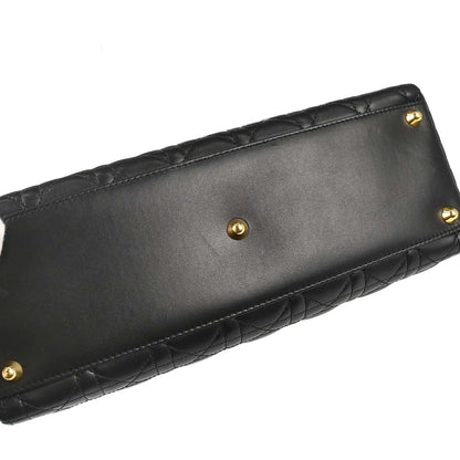 Christian Dior Black Lambskin Large Lady Dior Cannage 2way Shoulder Handbag